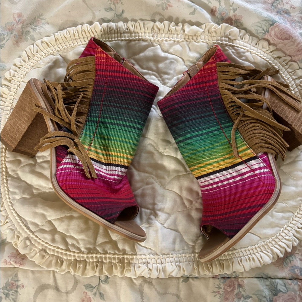 Very Volatile Multicolor Fringe Heeled Booties